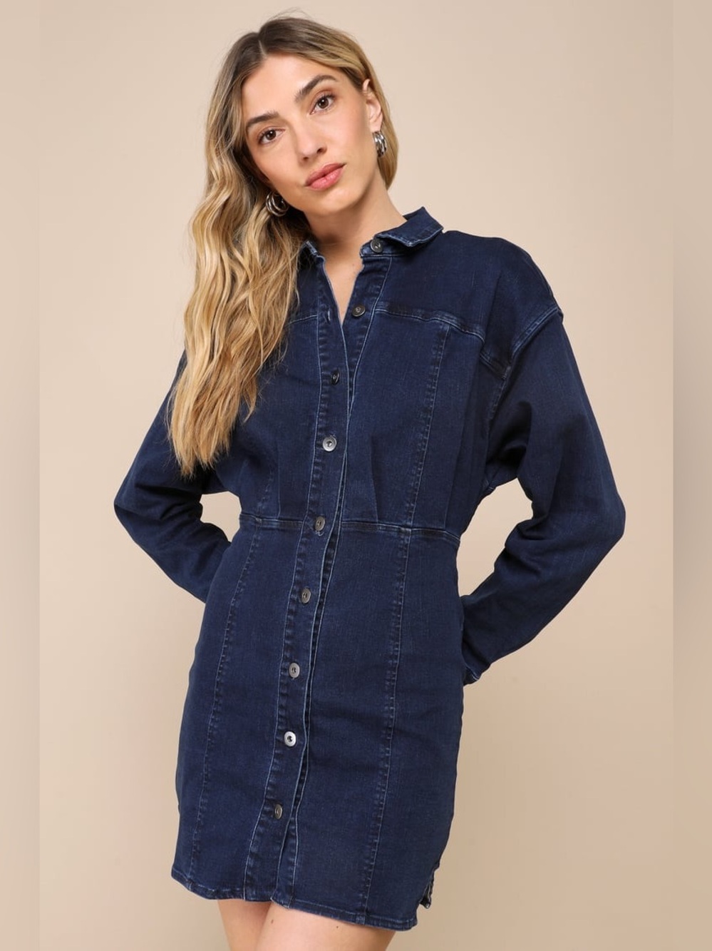 Free People Amber Dark Wash Denim Button Front Mini Dress Size 8 EUC